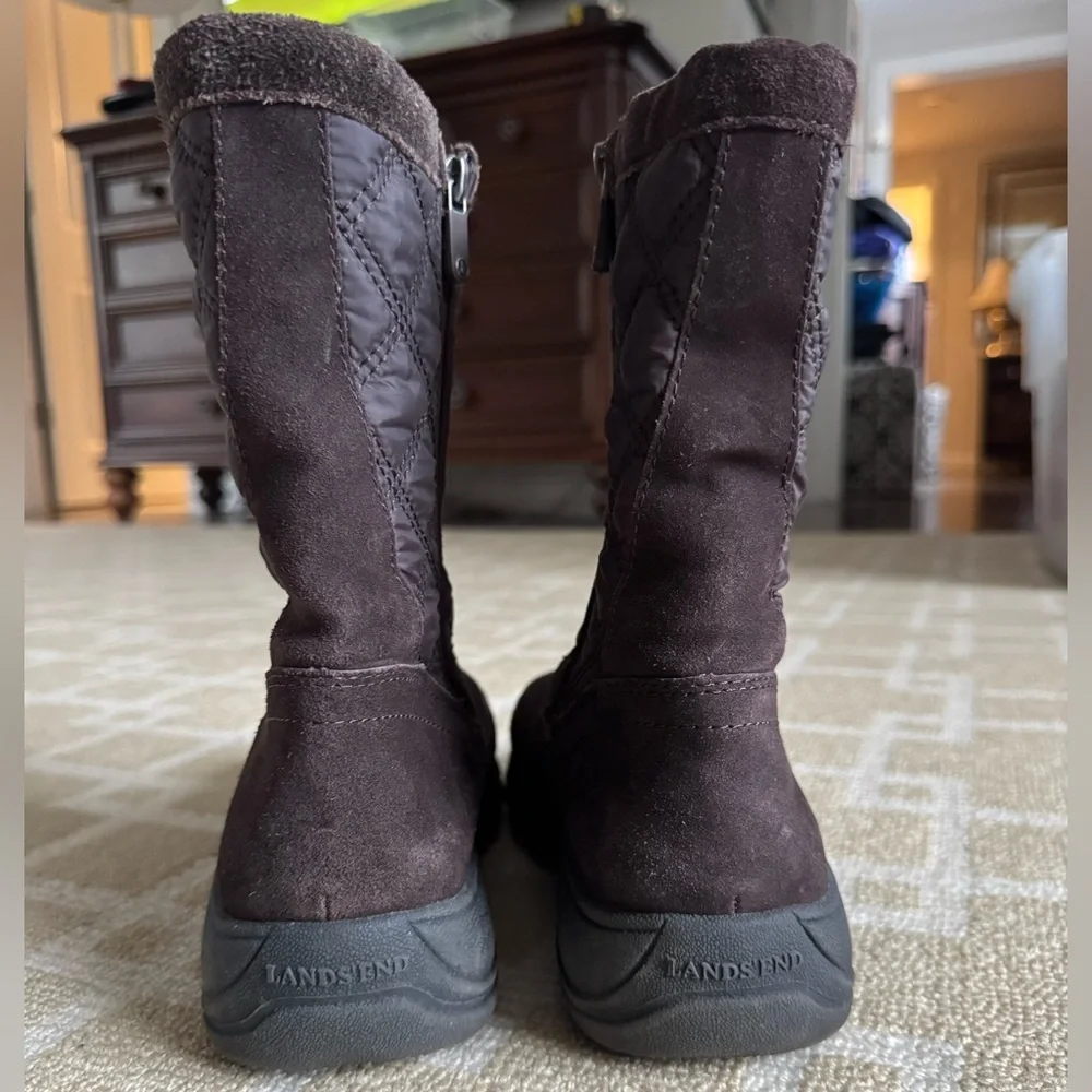 Lands’ End Quilted Suede Winter Boots Insulated Zip Up Outdoor Holiday Brown 8
